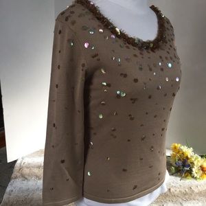 Talbots Embellished 3/4 Sleeve Taupe Dress Sweater
